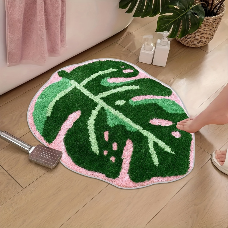 Zara Home Bathroom Mat - VIKAMA Pink Tropical Leaf Plush Carpet